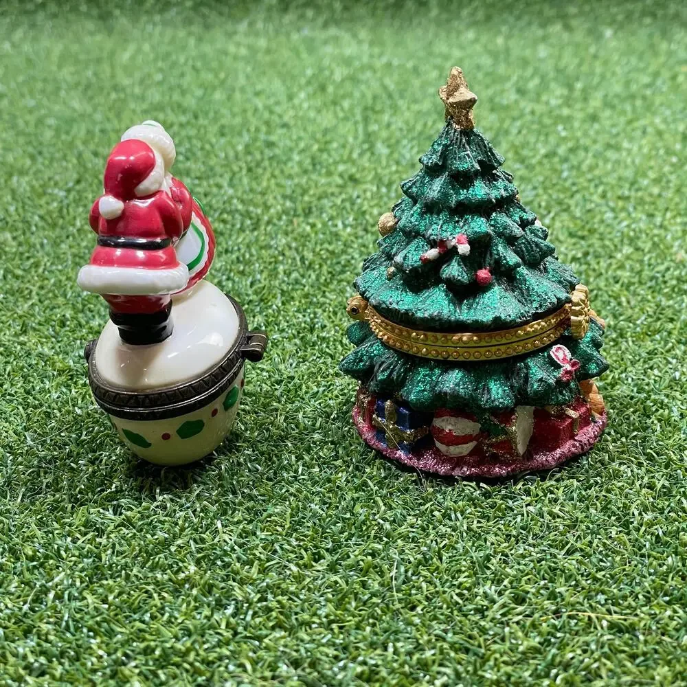 Vintage Lot Decorative Hinged Santa Christmas Tree Tabletop Trinket Box